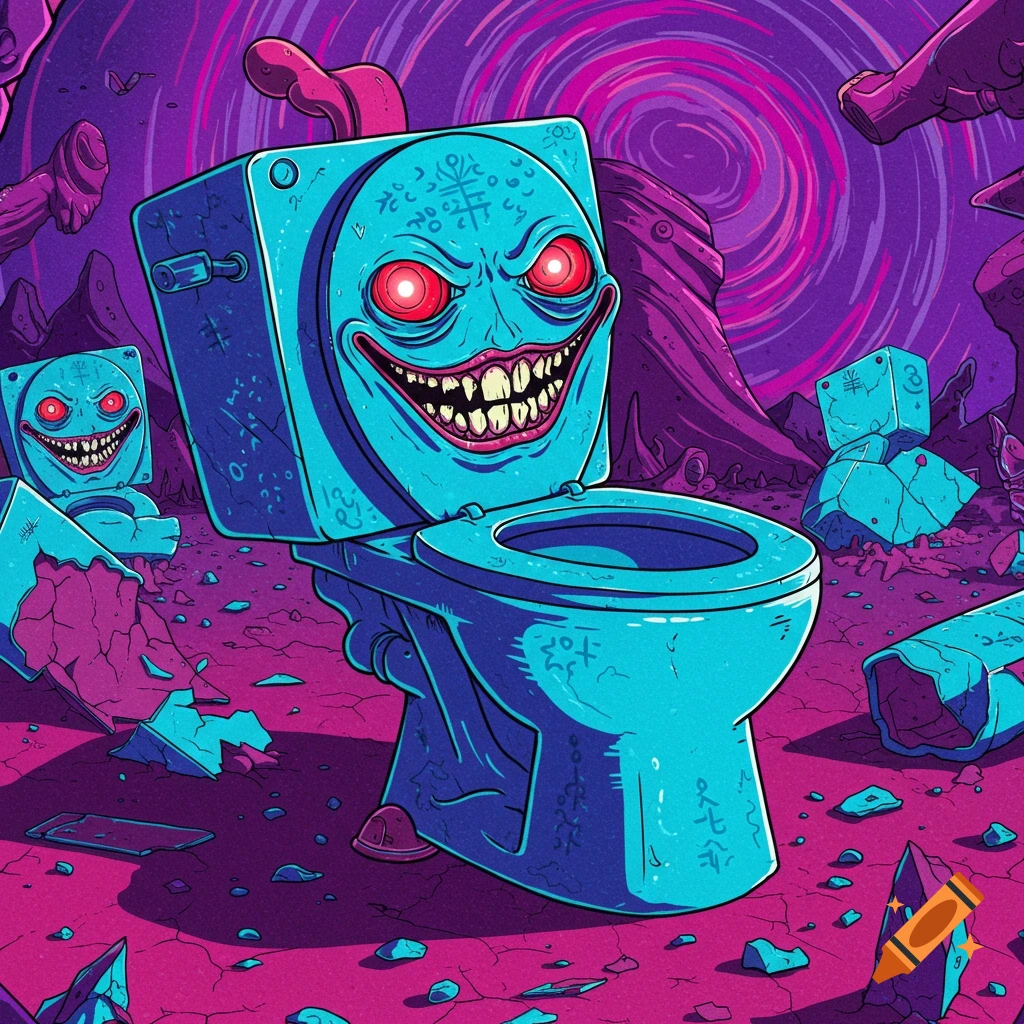 Monstrous blue toilet with red eyes and sharp teeth in a surreal landscape.