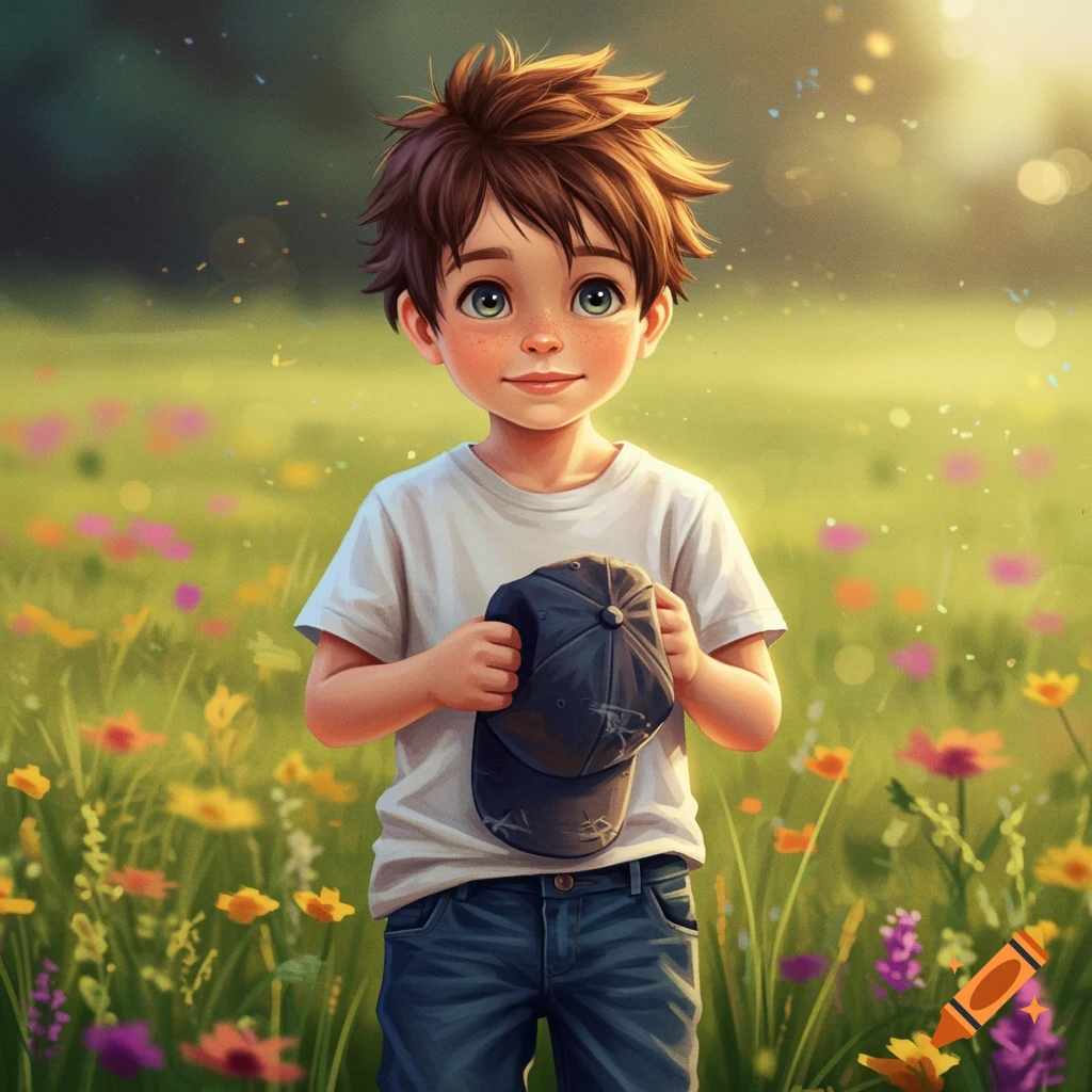 A boy holding a baseball cap in a field of wildflowers.