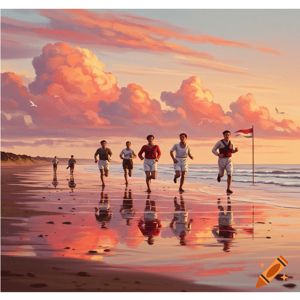 Runners sprinting on a beach at sunset.