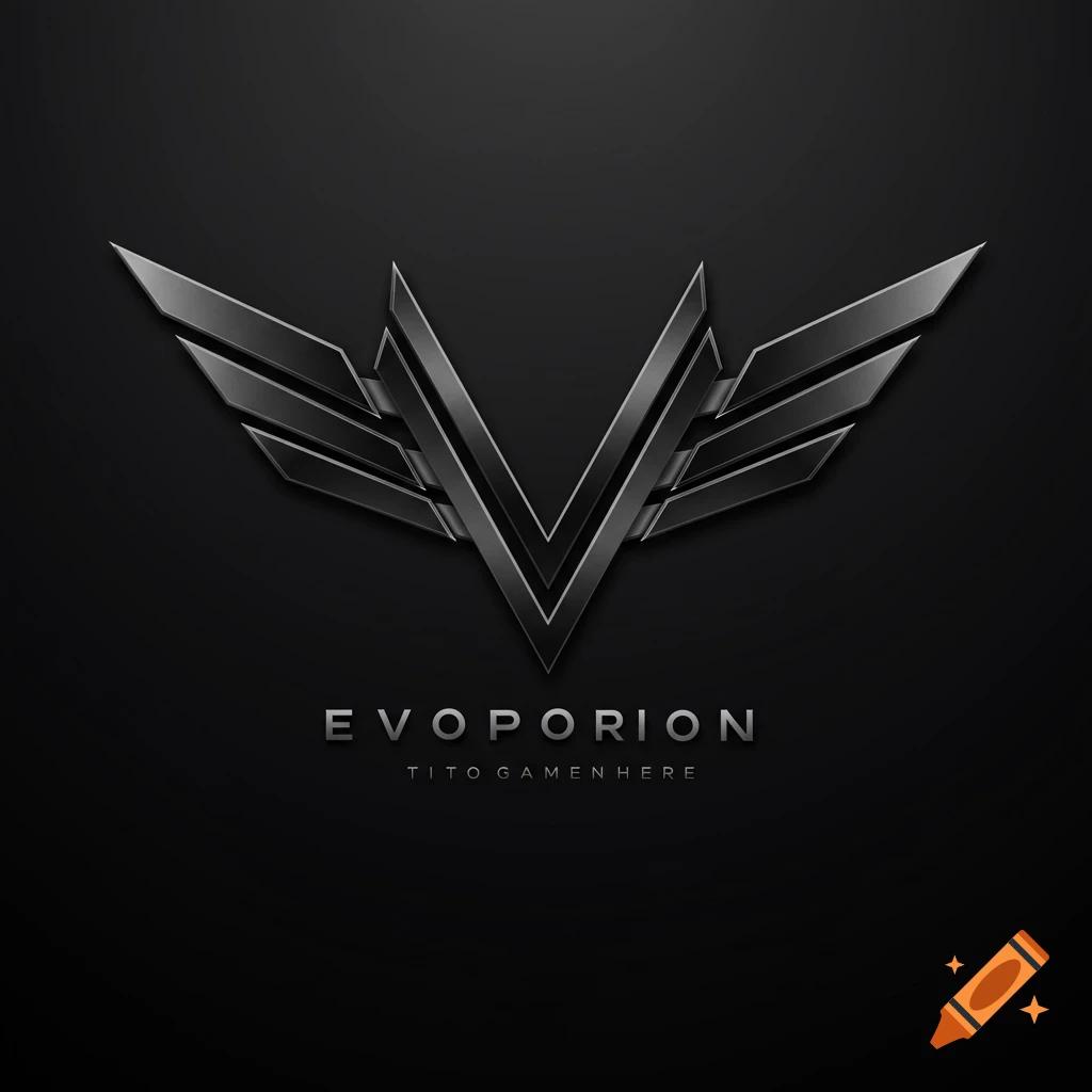 A dark metallic logo shaped like a V with abstract wings, featuring the text "EVOPORION" and "TITO GAMEN HERE".