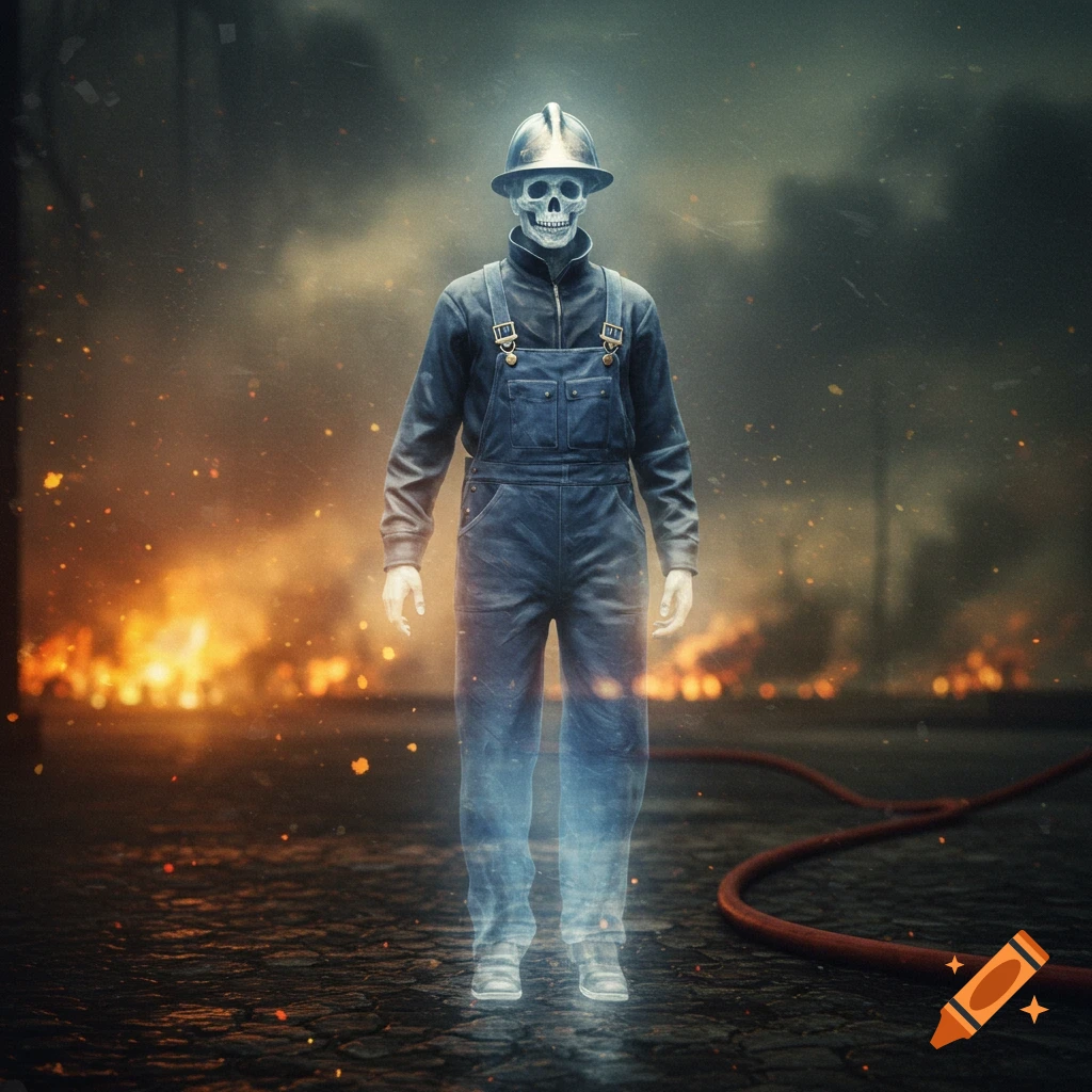 A ghostly skeleton in firefighter overalls and helmet stands before raging fires.