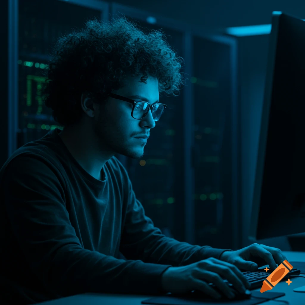 A man in glasses works on a computer in a dimly lit data center.