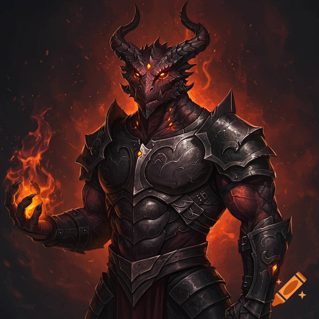 An armored red dragonborn casting fire