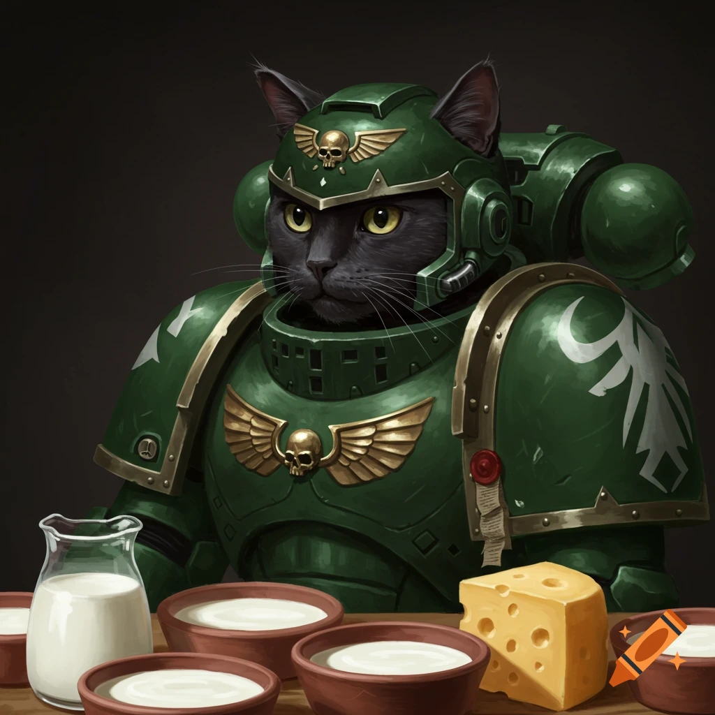 A black cat in green Warhammer 40k armor surrounded by bowls of milk and cheese.