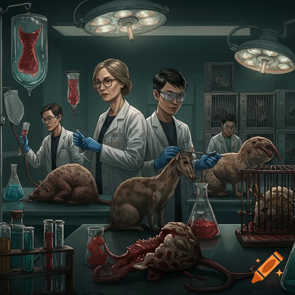 Scientists in a lab perform experiments on various creatures, including mutated animals, using beakers and medical equipment.