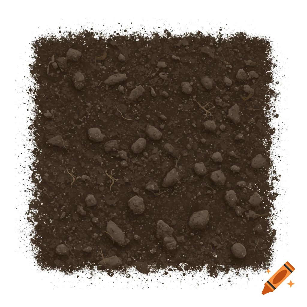 Dark soil with rocks and roots in a square shape.