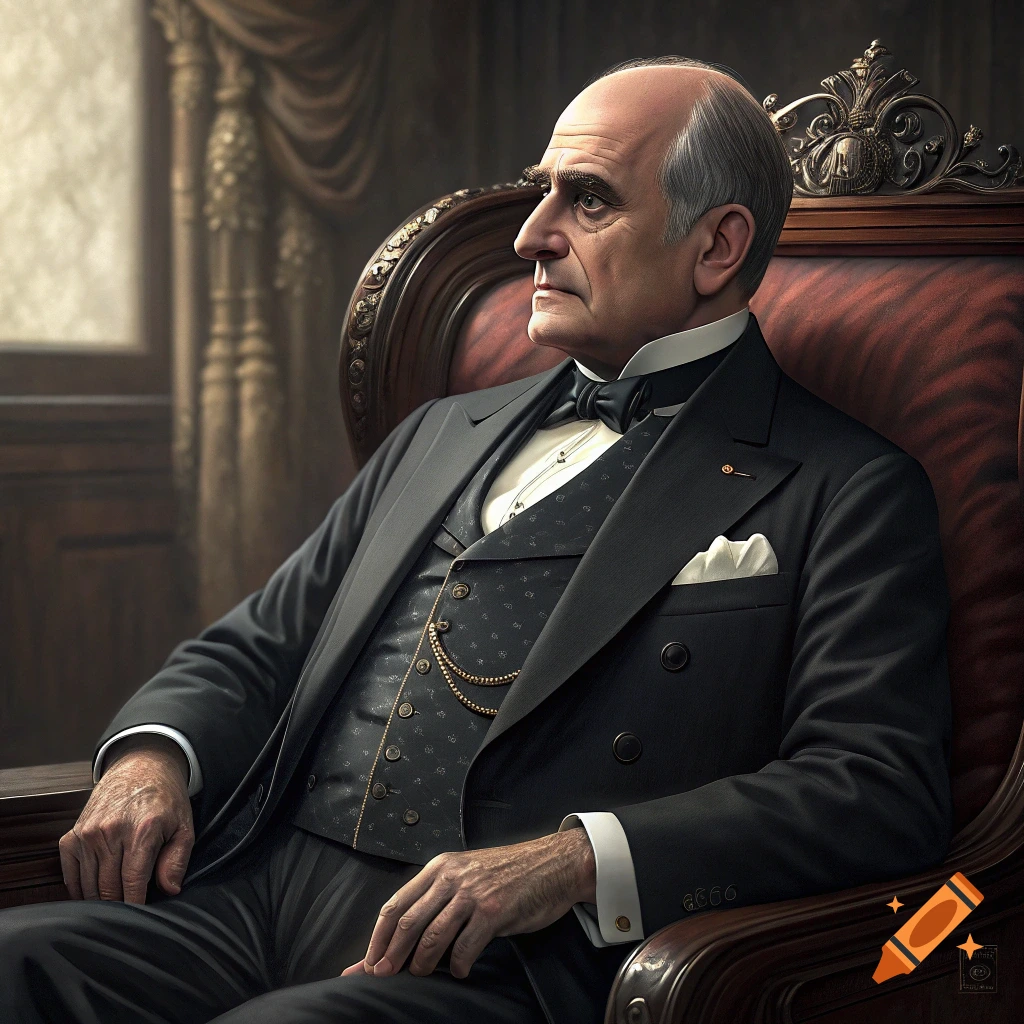 Highly detailed portrait of an older man in a suit seated in an ornate chair.