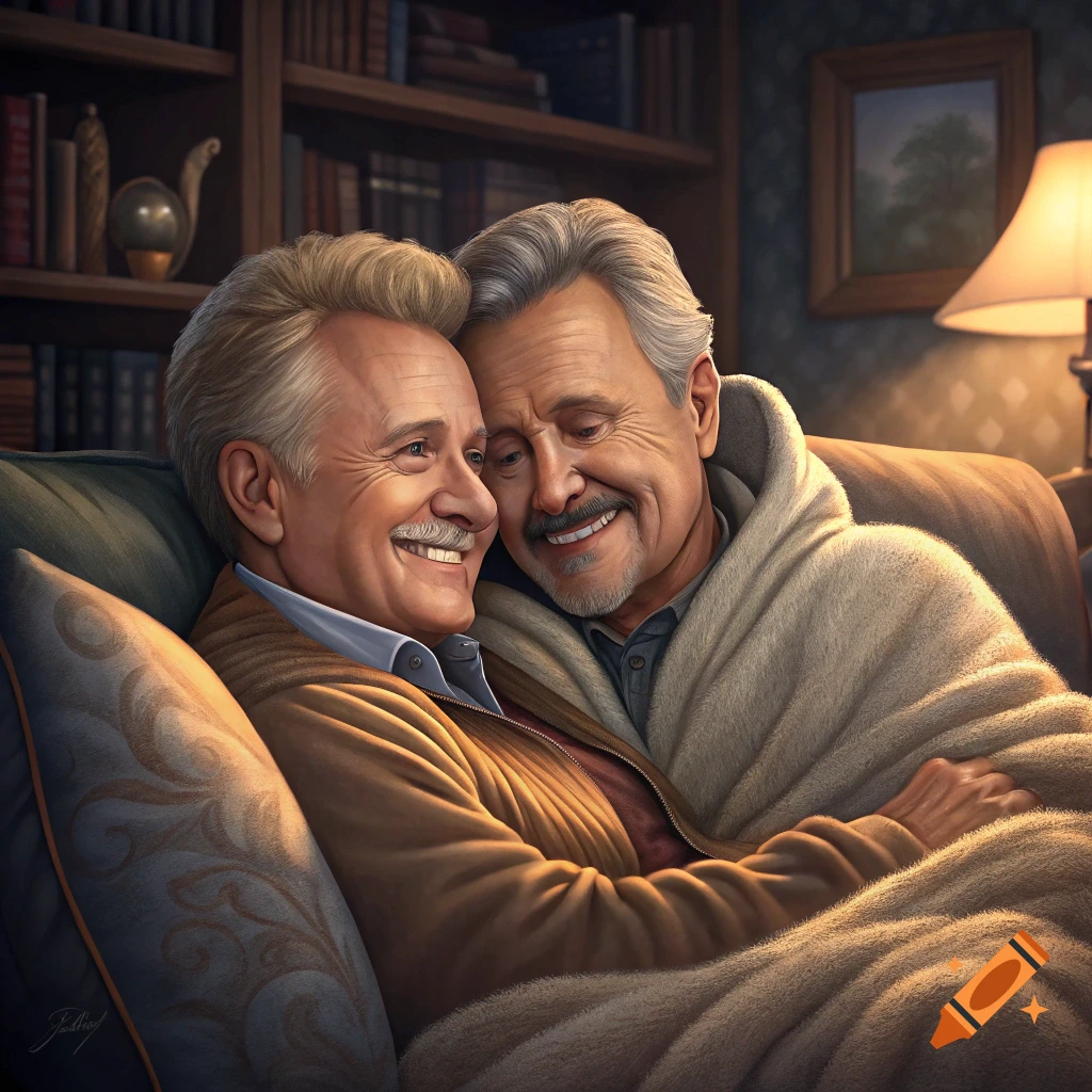 Two older men smile while cuddling under a blanket on a couch in a warm room.