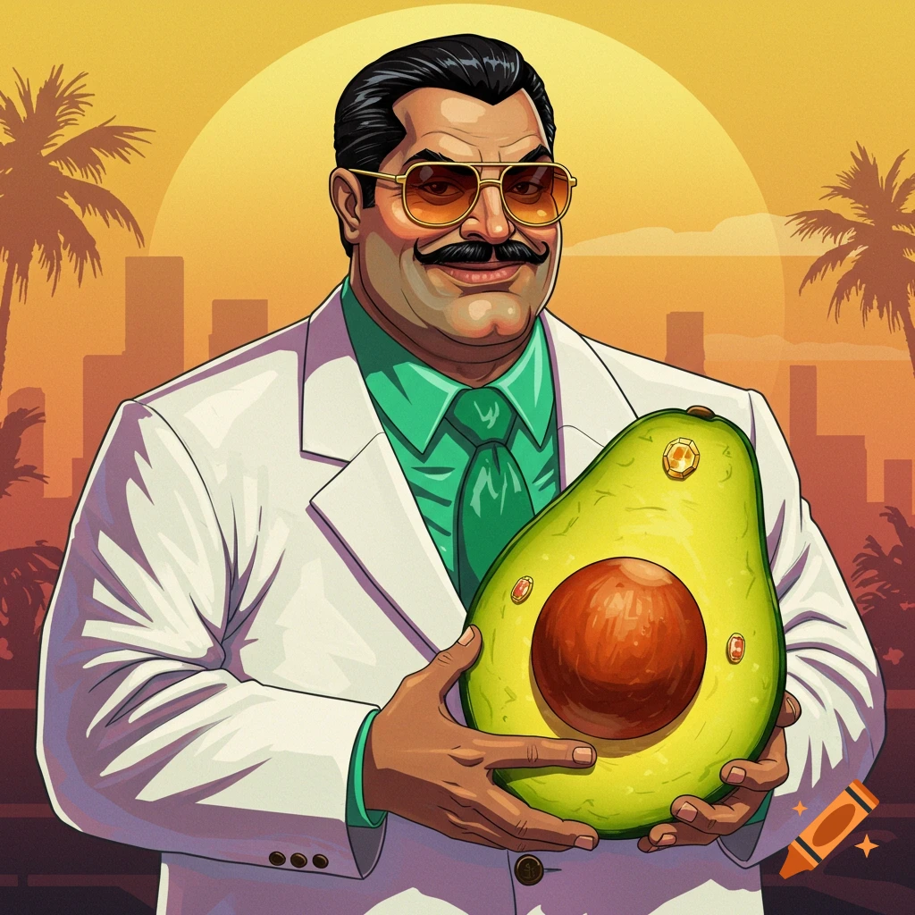 Stylized illustration of a man in a white suit and sunglasses holding a giant avocado with a pit.