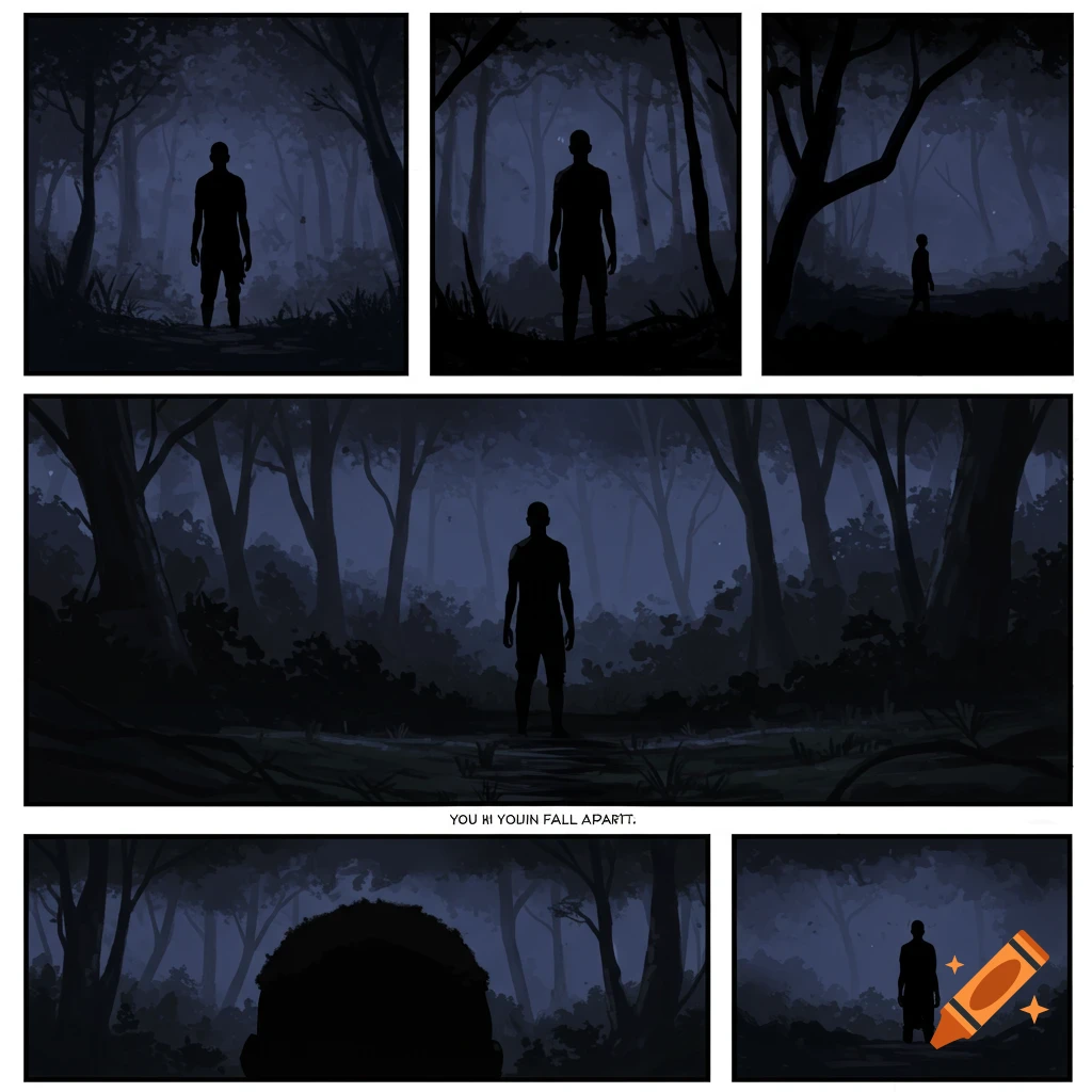 Multi-panel comic with silhouettes in a dark forest.