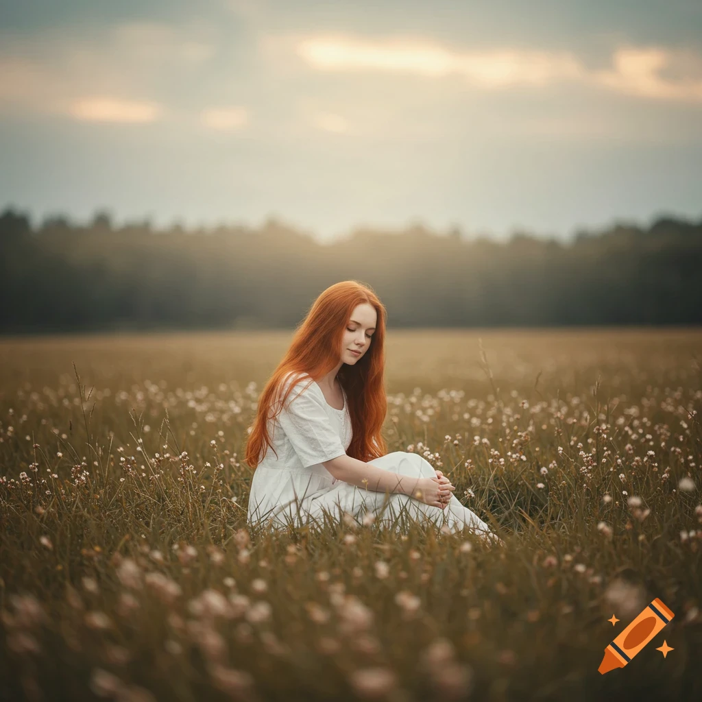 A woman with long red hair sits in a field of flowers at dusk.