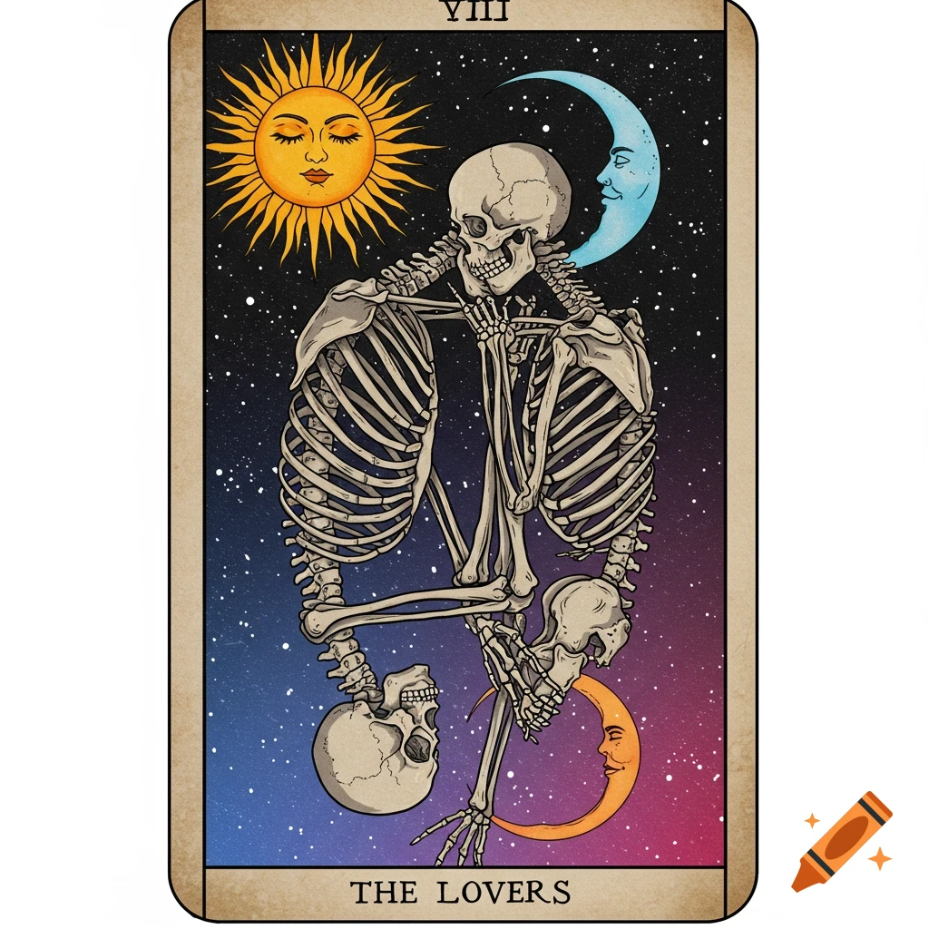 Illustration of a Tarot card featuring two skeletons embracing under a sun and moon in a starry sky.