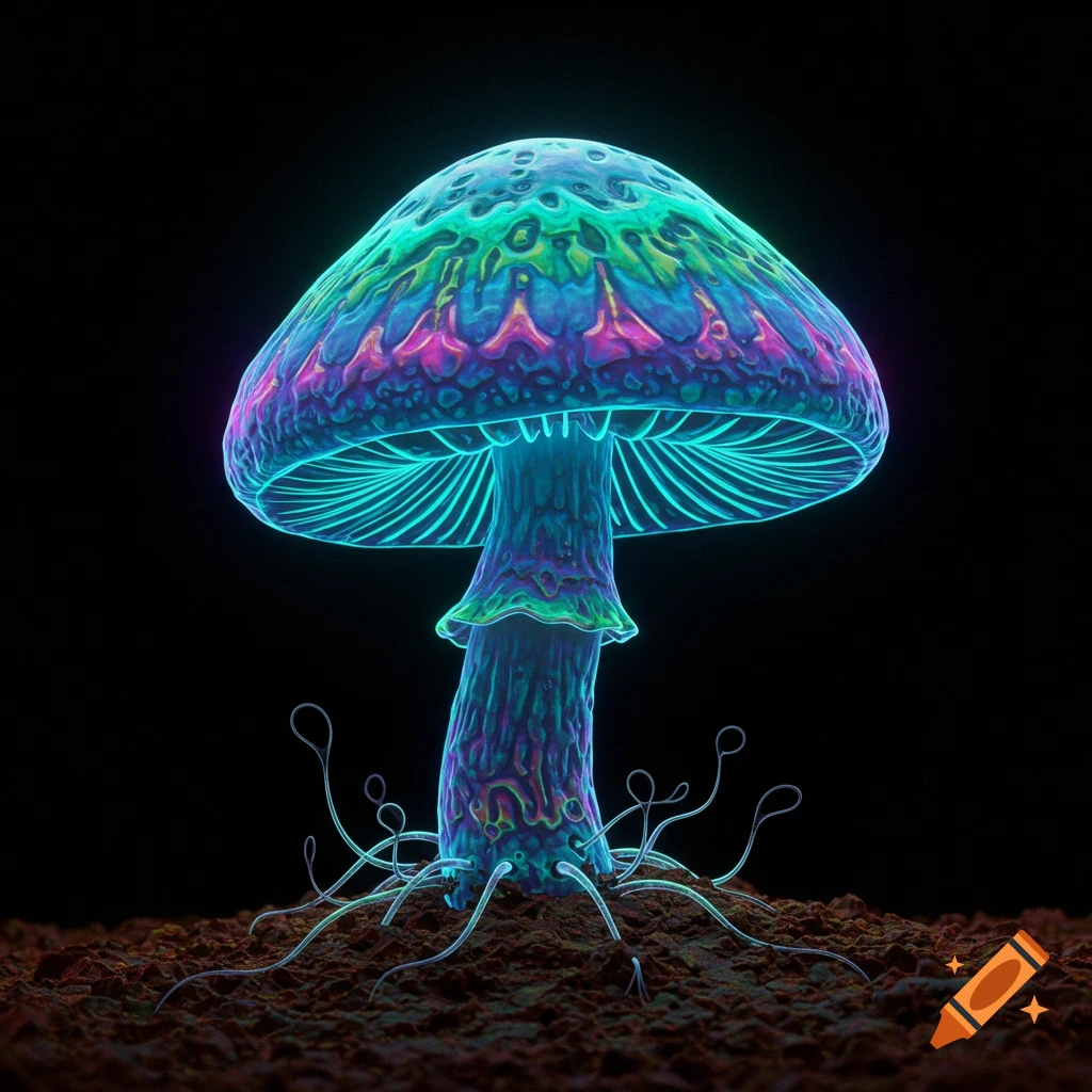 A vibrant, glowing magic mushroom on dark soil.