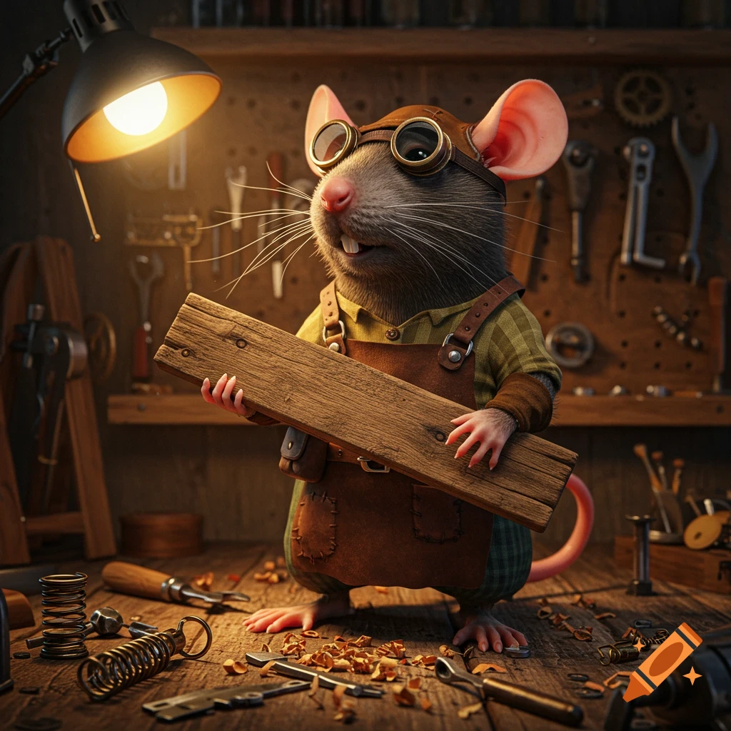A rat wearing goggles and an apron holds a plank in a workshop.