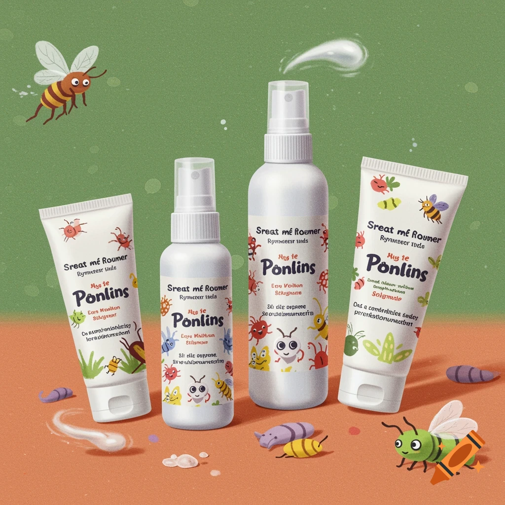 Image of skincare products with cartoon bug illustrations