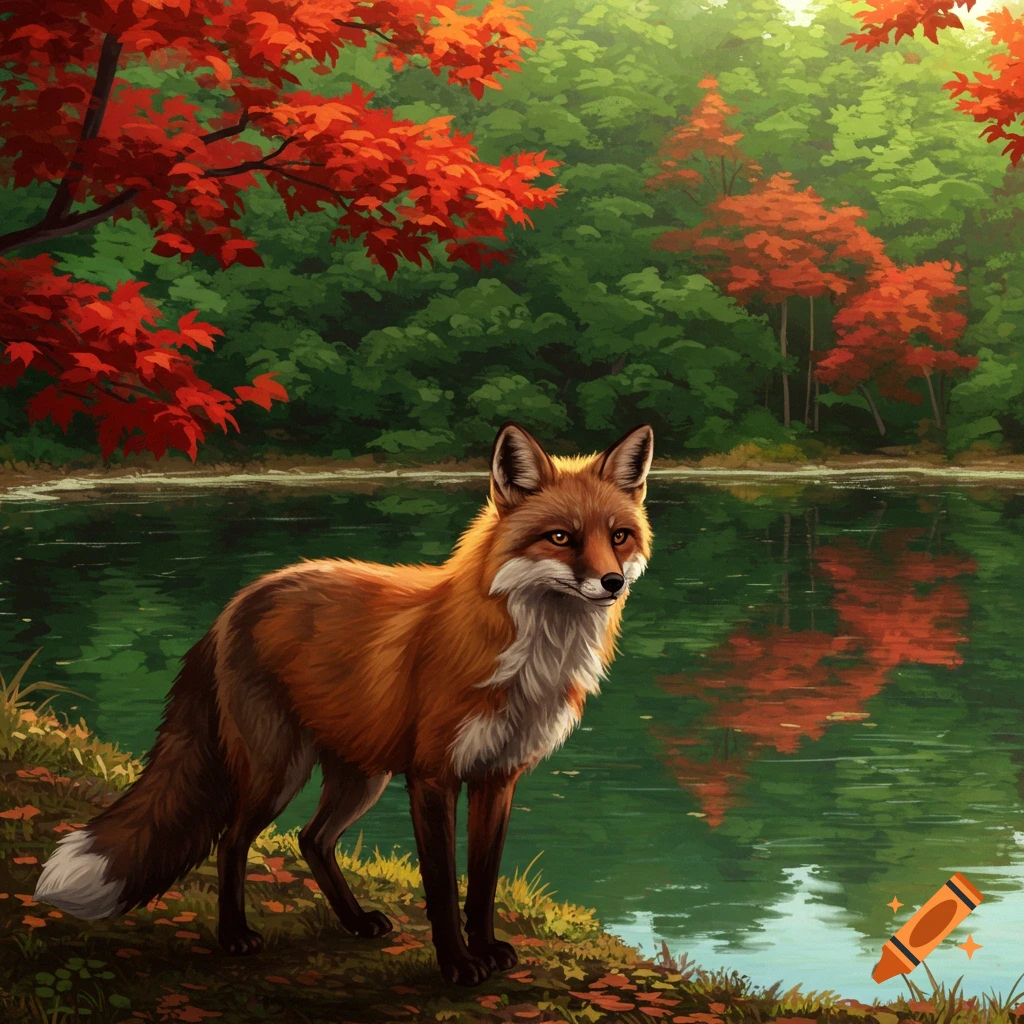 A red fox stands on the bank of a lake in an autumn forest with red leaves reflected in the water.