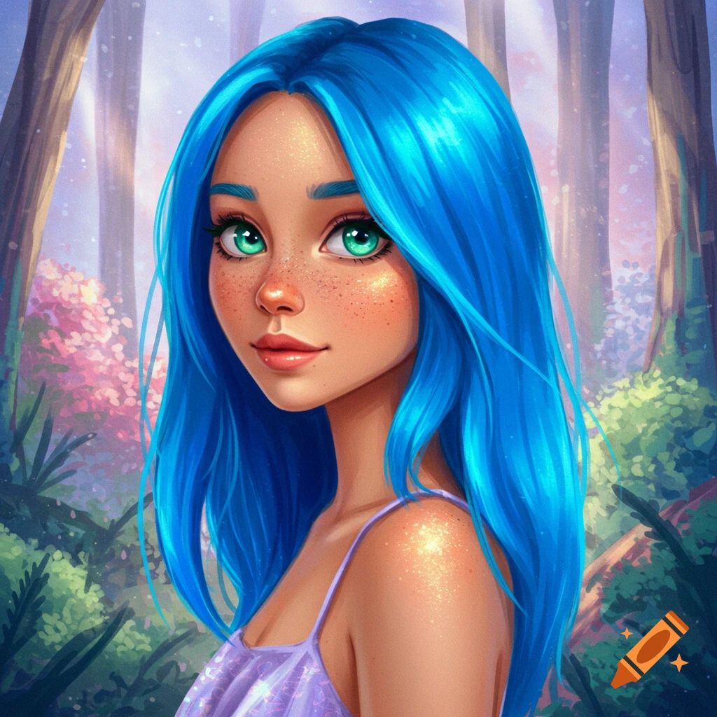 A girl with bright blue hair and green eyes in a forest.