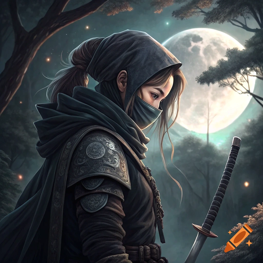 Profile of a ninja character in a mask and hood, holding a sword in a forest at night under a large moon.