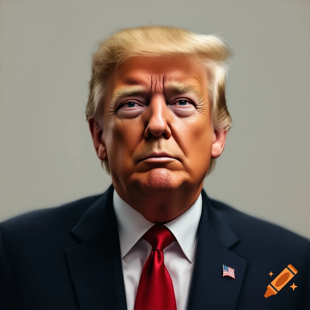 Portrait of a man resembling Donald Trump in a suit and red tie looking forward.