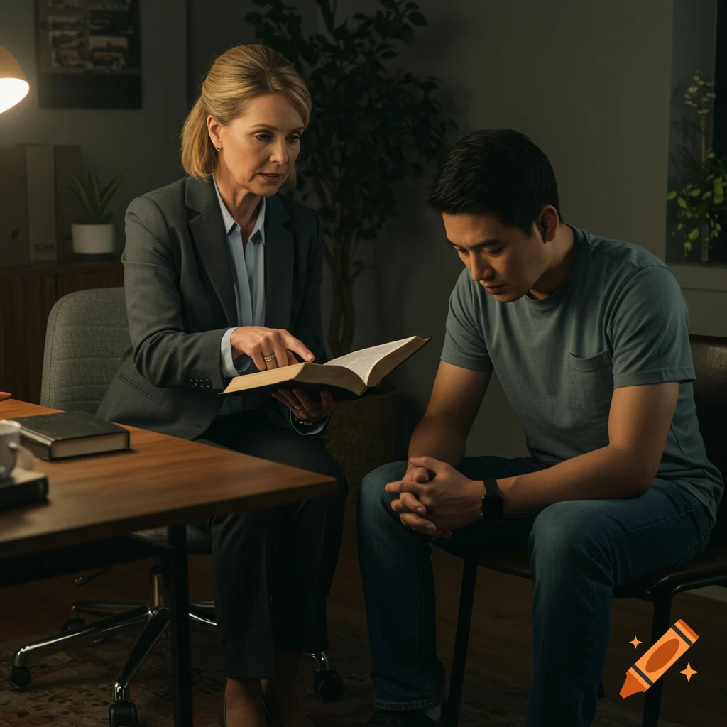 A woman points at an open book while counseling a man in a room.