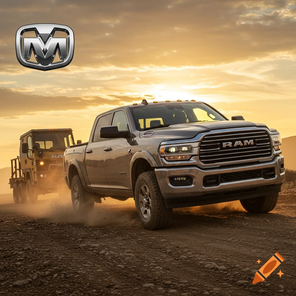 A grey RAM truck drives on a dirt road at sunset, followed by a flatbed truck, with the RAM logo overlaid.
