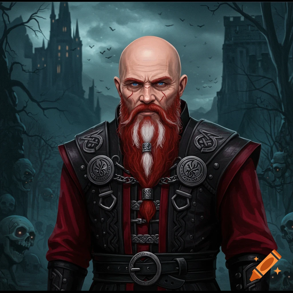 A bald man with a red and white beard and fantasy armor in a dark forest with a castle.