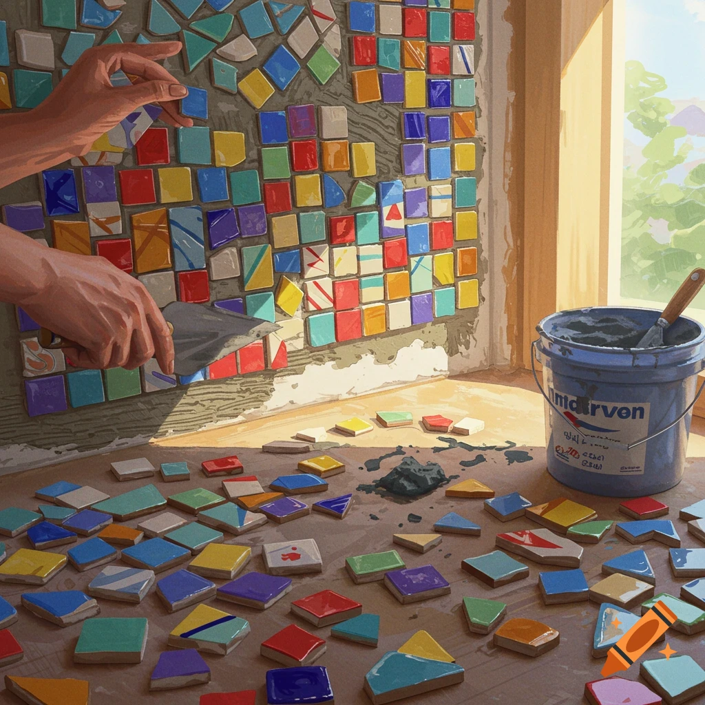 Hands working on a colorful mosaic wall with tiles and tools nearby.