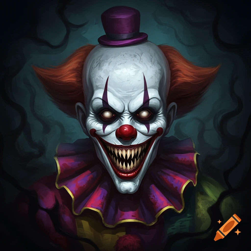 A creepy clown with sharp teeth, vacant white eyes, and a purple top hat.