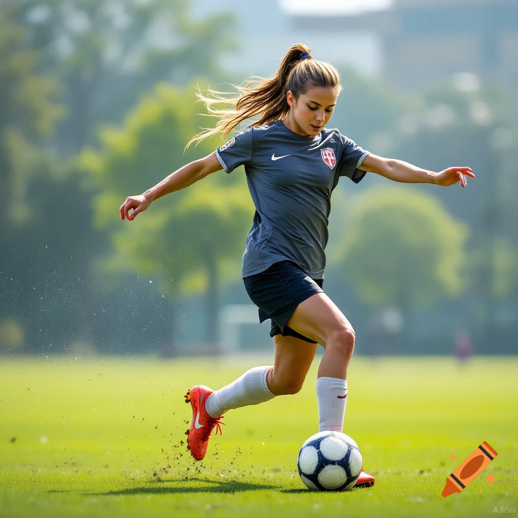 Young woman kicking a soccer ball on a field