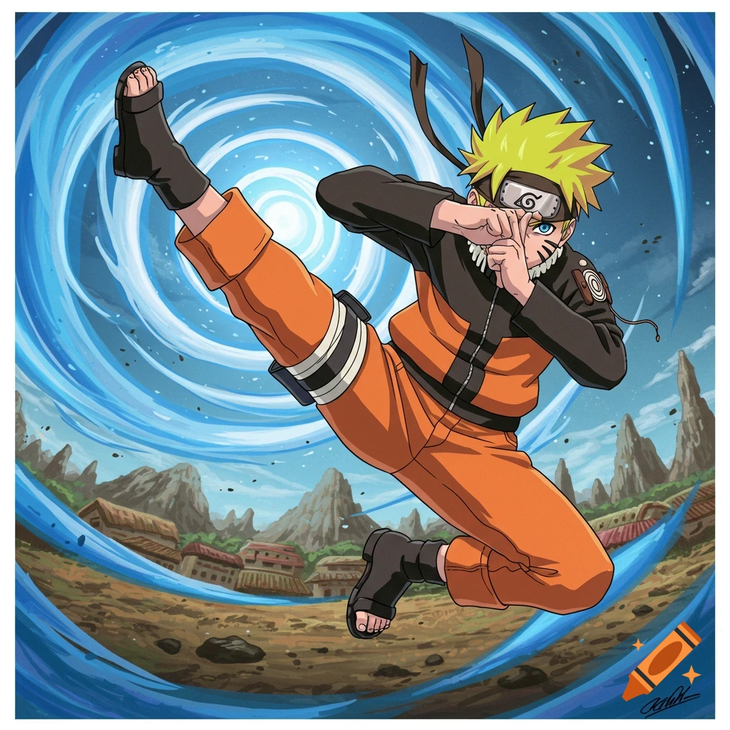 Naruto Uzumaki performing a high kick with swirling blue energy in a village