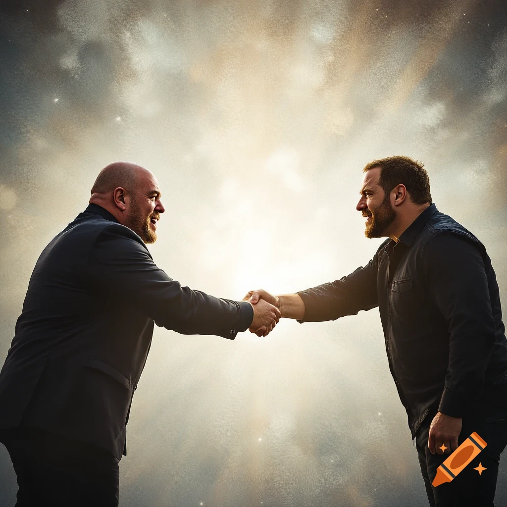 Two men shaking hands against a dramatic, cloudy sky