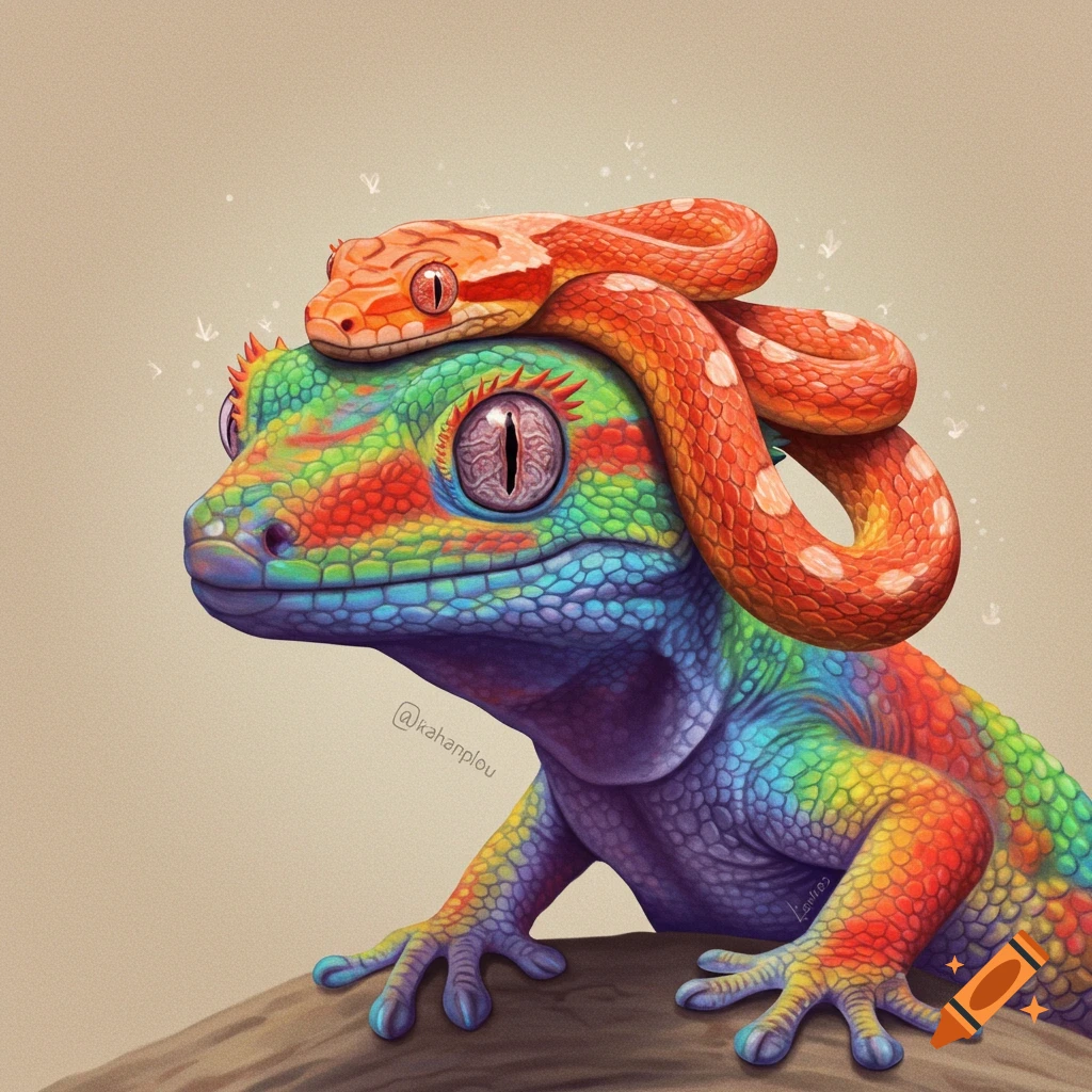 A rainbow colored gecko with an orange snake on its head.