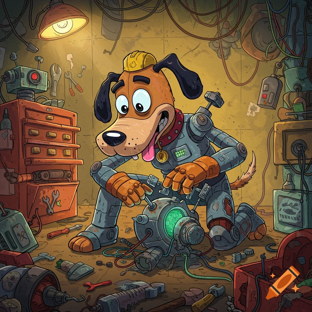 Cartoon dog in a robot suit fixing a robot in a messy workshop
