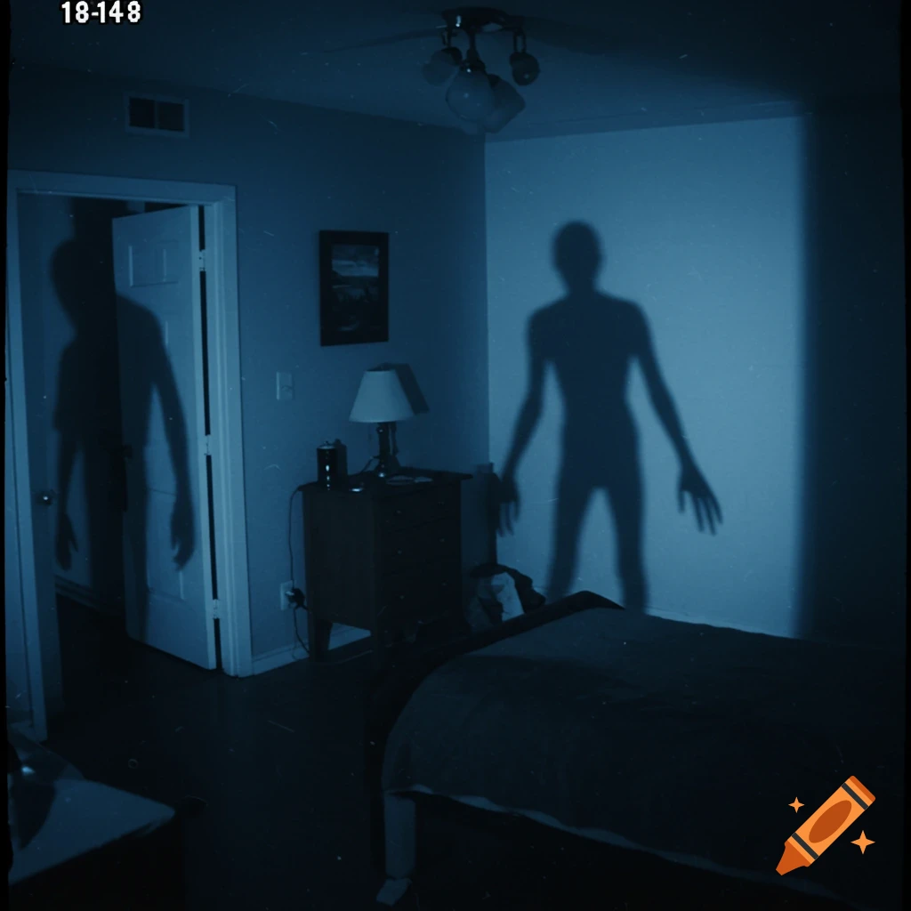 Shadow figures loom in a dark, grainy bedroom with a bed and lamp, in the style of old CCTV footage.