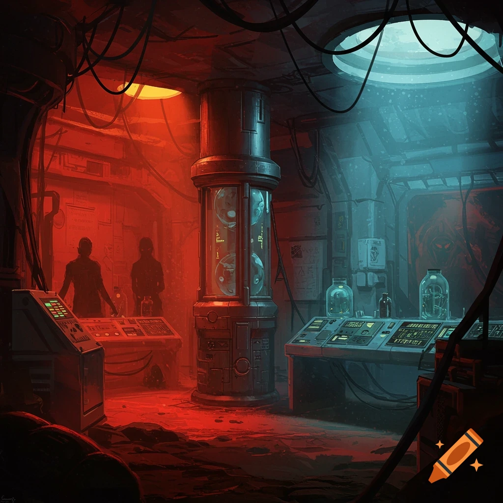 A dimly lit sci-fi lab with silhouetted figures and control panels