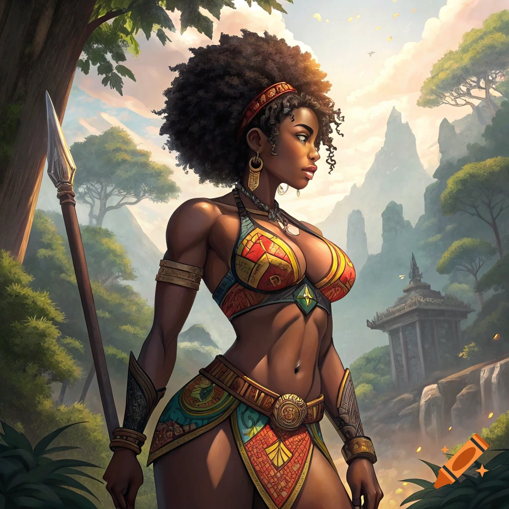 Anime style portrait of a black woman warrior with afro hair, holding a spear in a jungle setting with mountains and a temple.