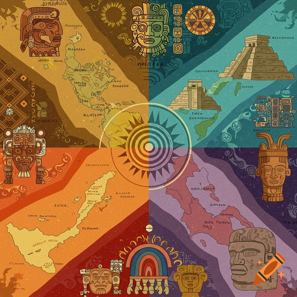 Stylized illustration montage of ancient Mesoamerican civilizations, featuring maps, masks, symbols, and pyramids.