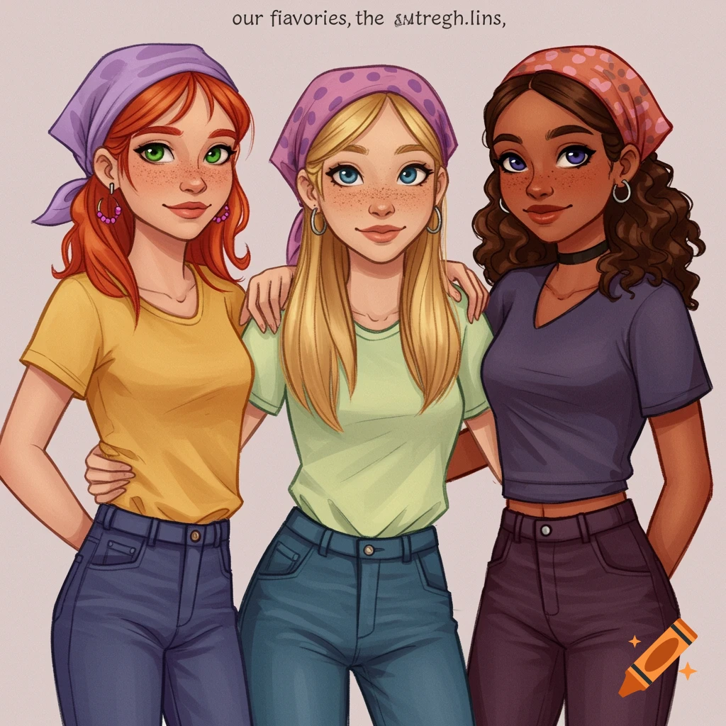 Three young women with bandanas, t-shirts, and jeans.