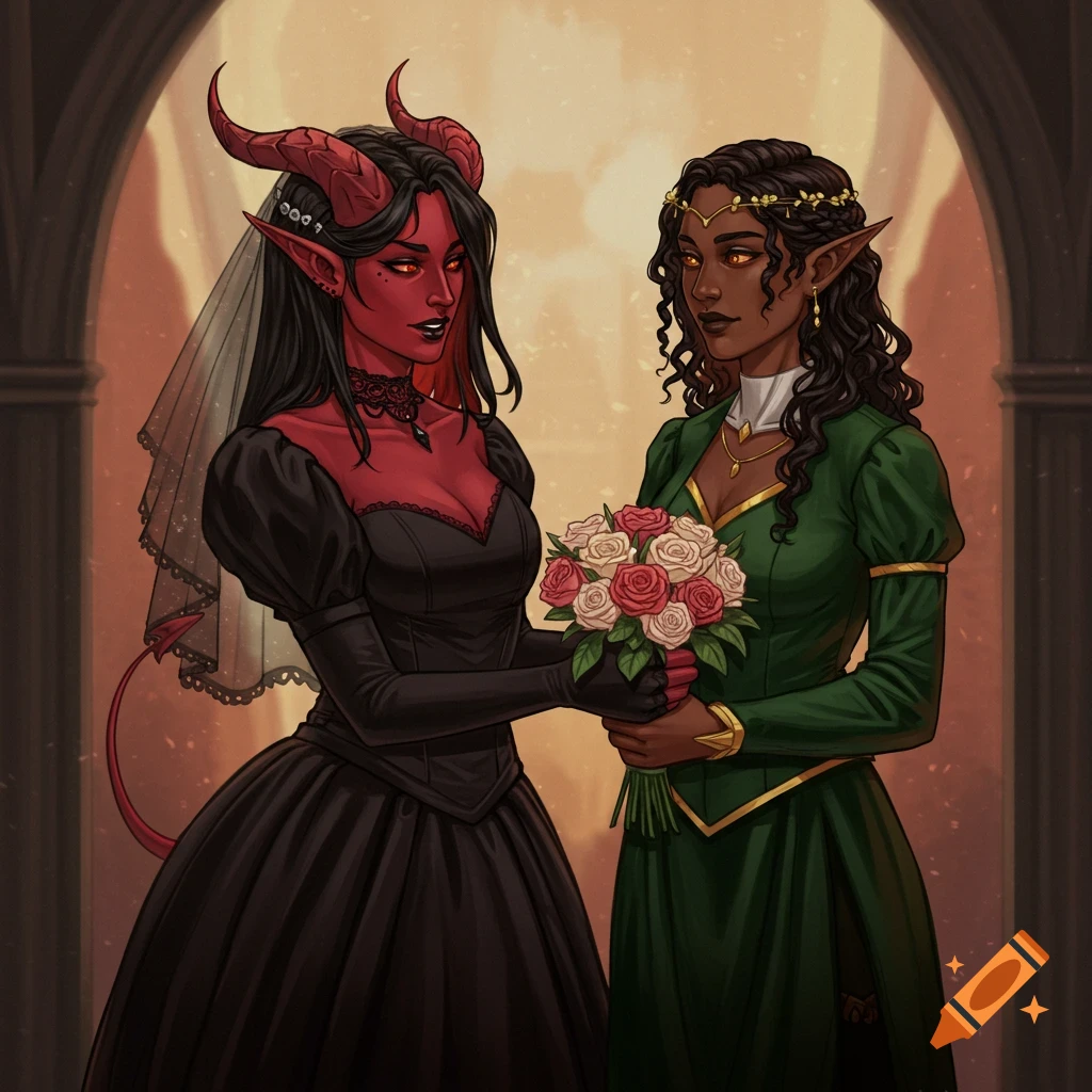 A red tiefling in a black wedding dress is marrying a dark-skinned half-elf in a green dress, holding a bouquet. on Craiyon A red tiefling in a black wedding dress is marrying a dark-skinned half-elf in a green dress, holding a bouquet. on Craiyon
