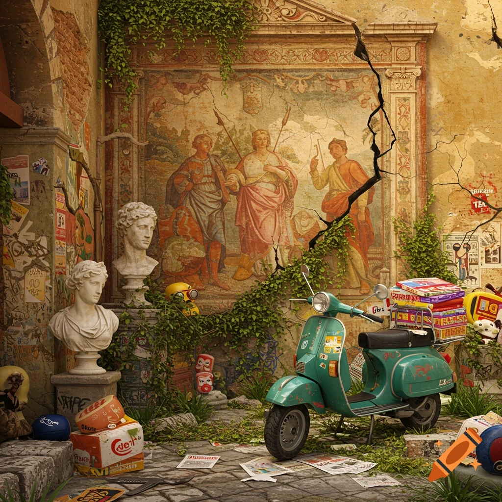 A cluttered Italian street scene with fresco, busts, Vespa, boxes, and decay.
