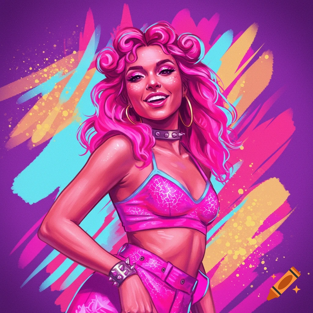 A smiling woman with pink hair and vibrant outfit against an abstract background.
