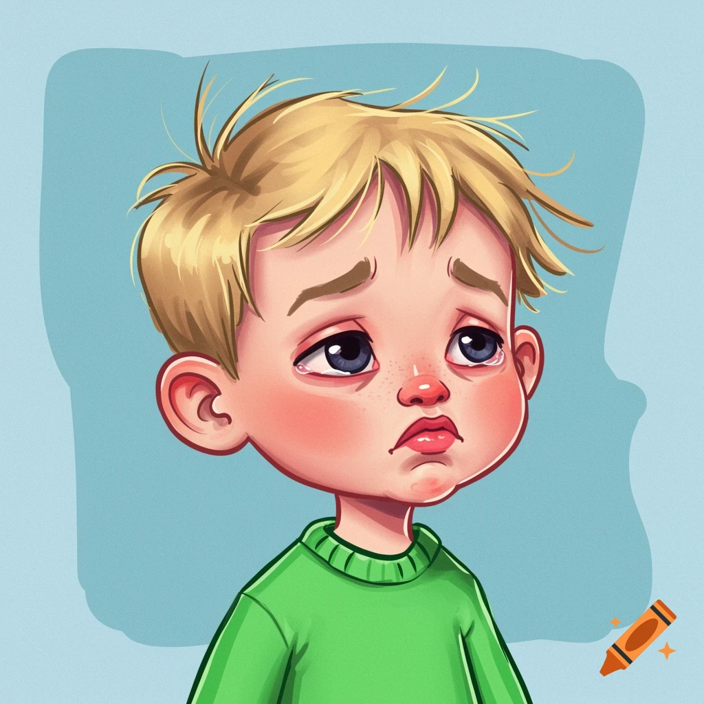 Cartoon illustration of a sad boy with blonde hair wearing a green sweater against a blue background.