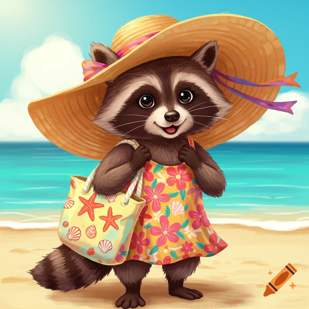 A cute cartoon raccoon in a sun dress and hat carries a beach bag on a sandy beach by the ocean.