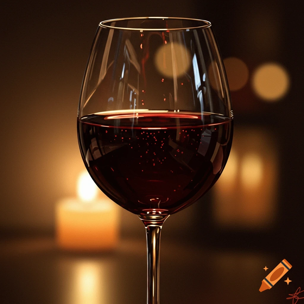 A glass of red wine with bubbles, featuring candlelight bokeh in the background.