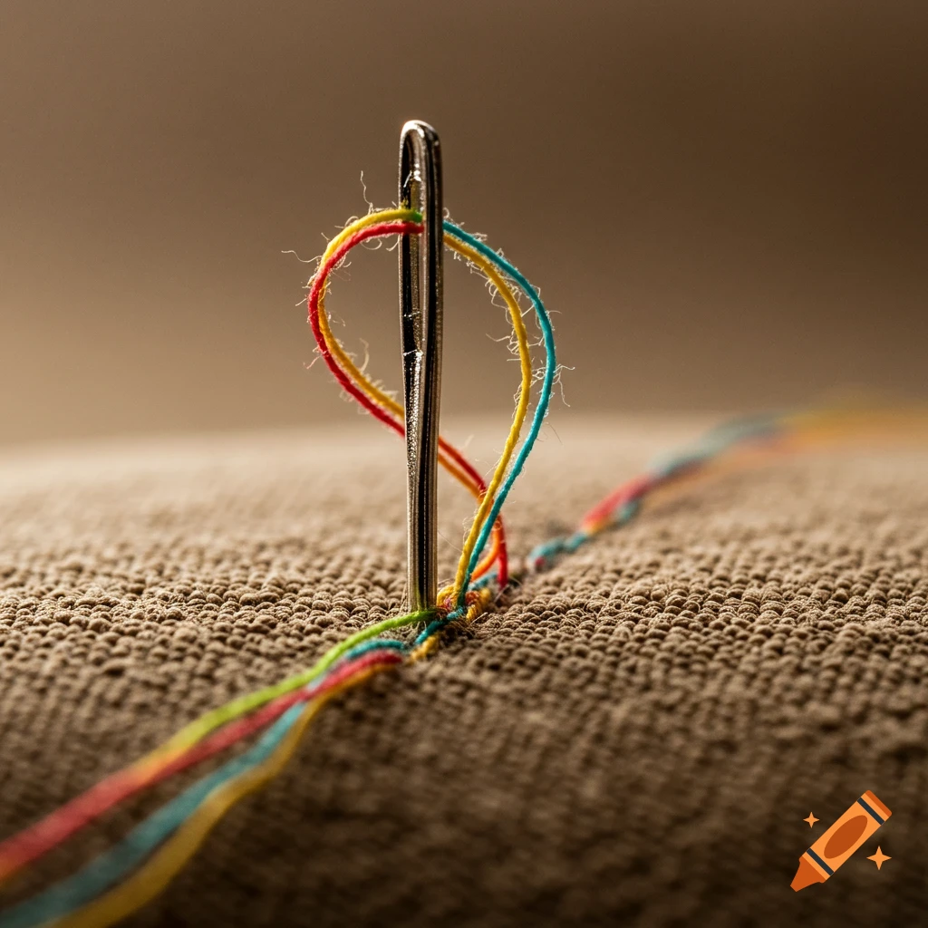 Macro shot of a sewing needle threaded with colorful threads in textured fabric, photorealistic.
