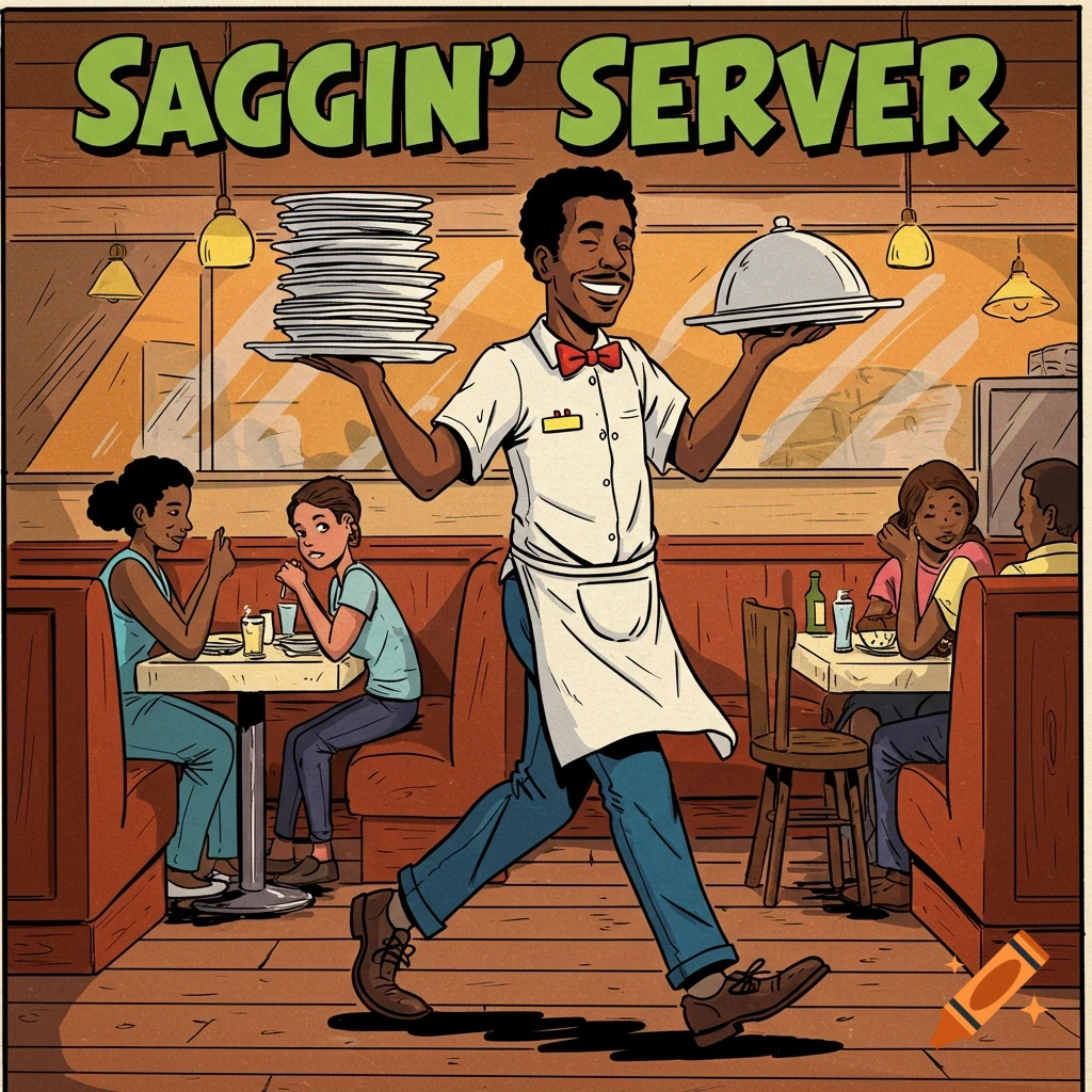 Cartoon style image of a smiling server carrying a stack of plates and a covered dish in a busy restaurant.