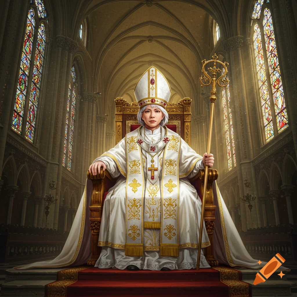 A female figure in papal robes sits on a throne in a cathedral.