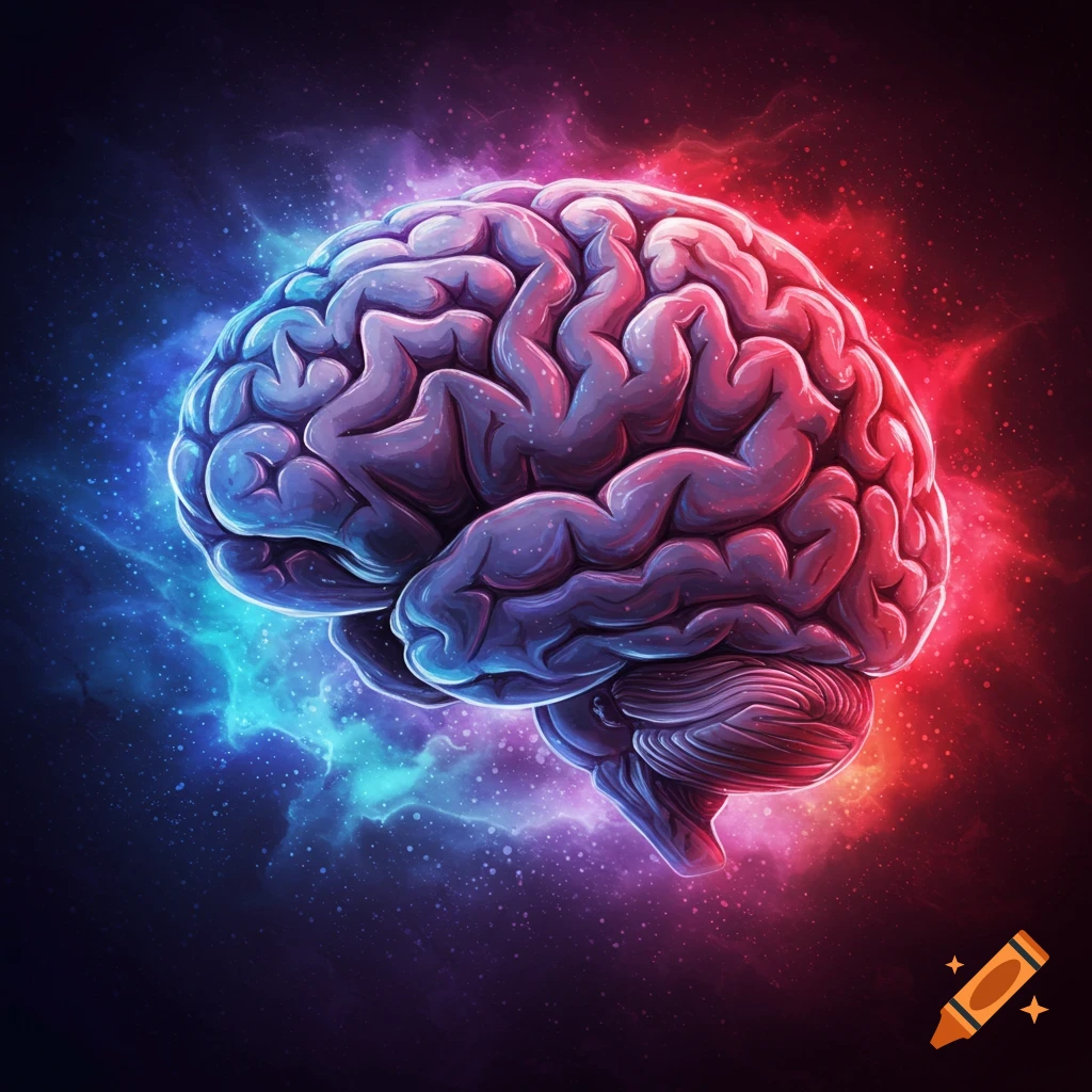 A stylized human brain glowing with blue and red light on a dark starry background.