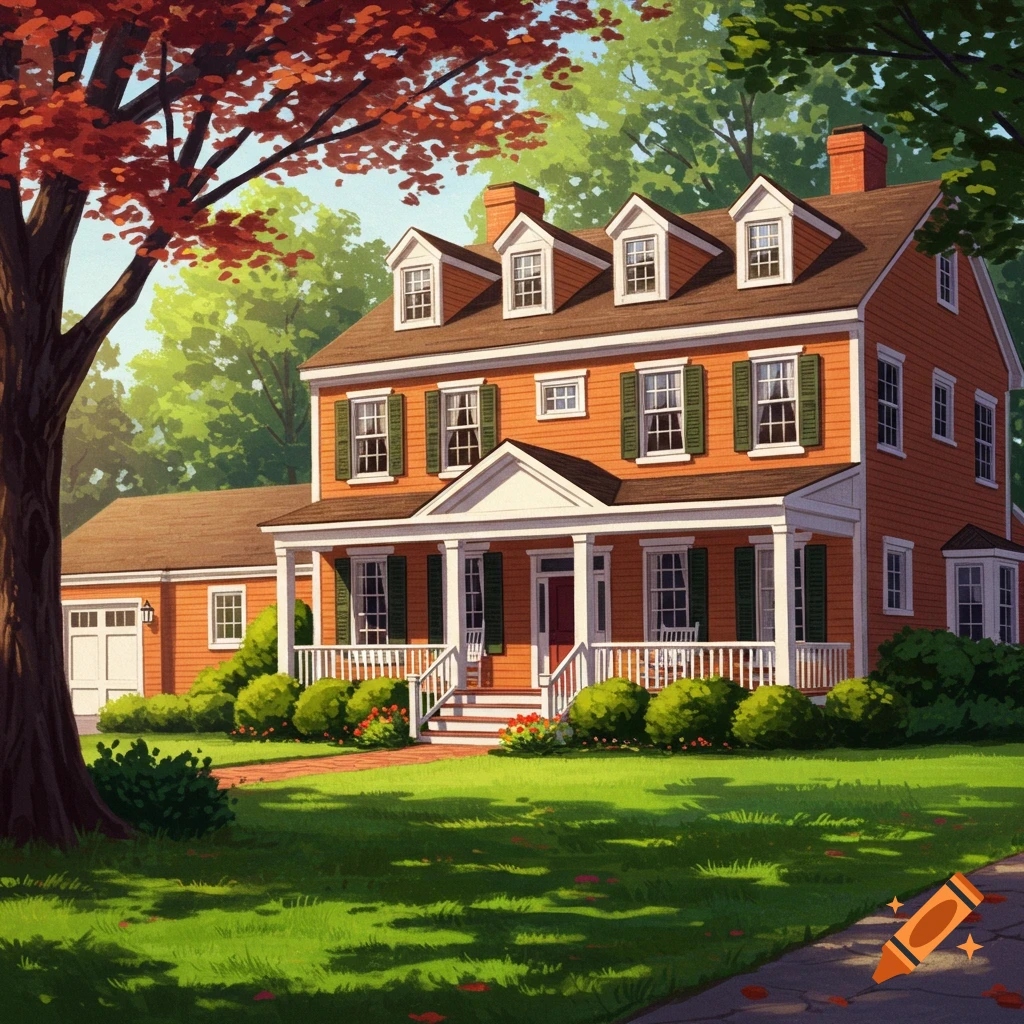 A colonial-style house with a red tree and green lawn.