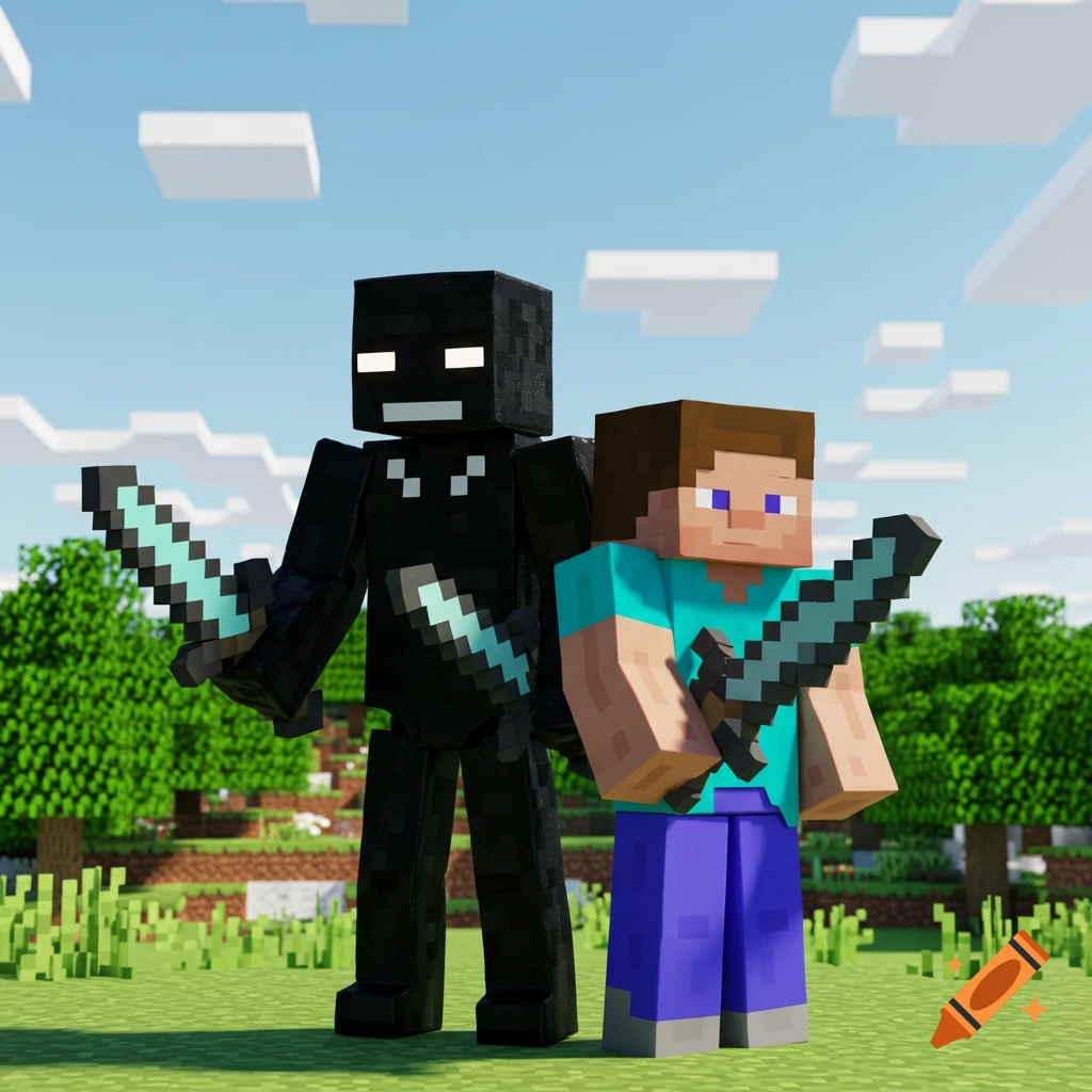 Two Minecraft characters, Steve and an Enderman, stand side-by-side holding swords in a blocky landscape.
